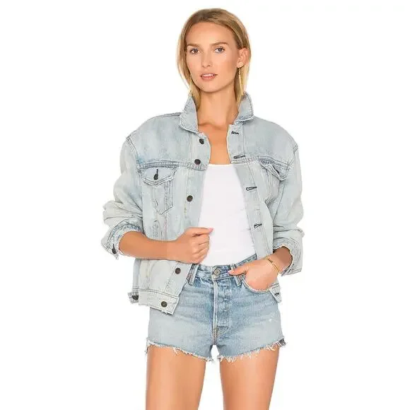 Free People Paisley Quilted Denim Jacket Trucker Boho Hippie Oversized Baggy M/L